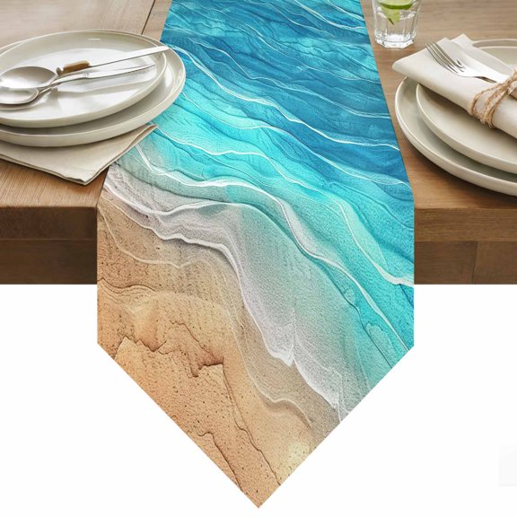 Abstract Turquoise Table Runner 36 Inches Long Ocean Beach Waves Lines Gradient Table Runners for Dining Room Tabletop Dresser Scarf Home Party Banquet Wedding Holiday Decoration