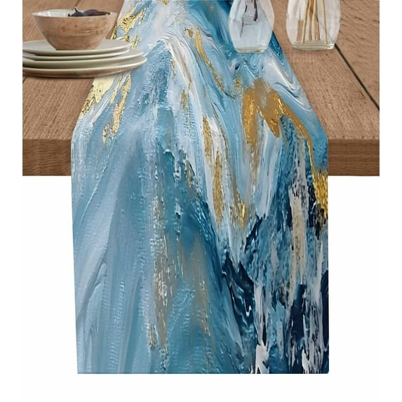 Abstract Turquoise Table Runner-Cotton Linen- 60 Inch Holiday Dresser Scarves, Aqua White Gold Waves Brush Paint Tablerunner for Kitchen Coffee/Dining Bedroom Living Room Dinner Scarf Décor 13x60