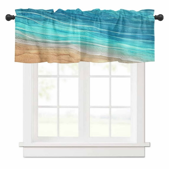 Abstract Turquoise Valances for Windows Ocean Beach Waves Lines Gradient Rod Pocket Curtain Valance Window Treatment Short Curtains for Kitchen Living Room, 58"x16"