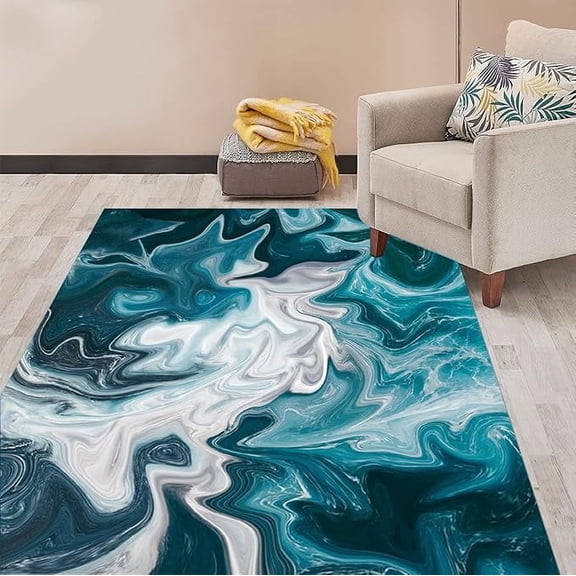 Abstract Turquoise White Waves Area Rug For Living Room Bedroom Dining Room Washable Soft Modern Carpet Under Coffee Table Chair Lux Home Office Floor Rug Kitchen Runner 5 x 7ft