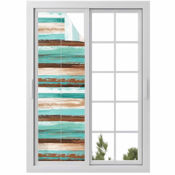 Abstract Turquoise Window Privacy Film and Brown Gradient Wood Board Decorative Glass Window Film UV Blocking Static Cling Non-Adhesive Sticker Covering for Home Door 29.5 x 118 inches