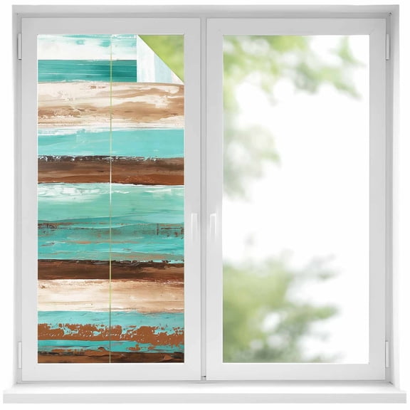 Abstract Turquoise Window Privacy Film and Brown Gradient Wood Board Decorative Glass Window Film UV Blocking Static Cling Non-Adhesive Sticker Covering for Home Door 19.6 x 39.3 inches
