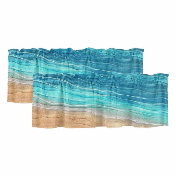Abstract Turquoise Window Valance, Ocean Beach Waves Lines Gradient 2 Pack Decorative Curtain for Small Windows, Light Filtering Valance with 3” Rod Pocket, 42"W x 12"L
