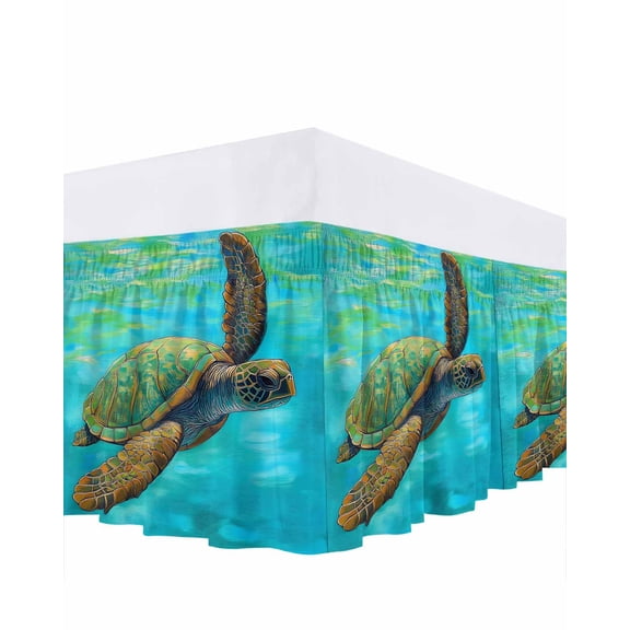 Abstract Turtle Bed Skirt California King Size 18" Drop Watercolor Teal Decoration Ruffled Wrap Around Bed Skirts Adjustable Elastic Bedskirt Dust Ruffle for California King Size Bed