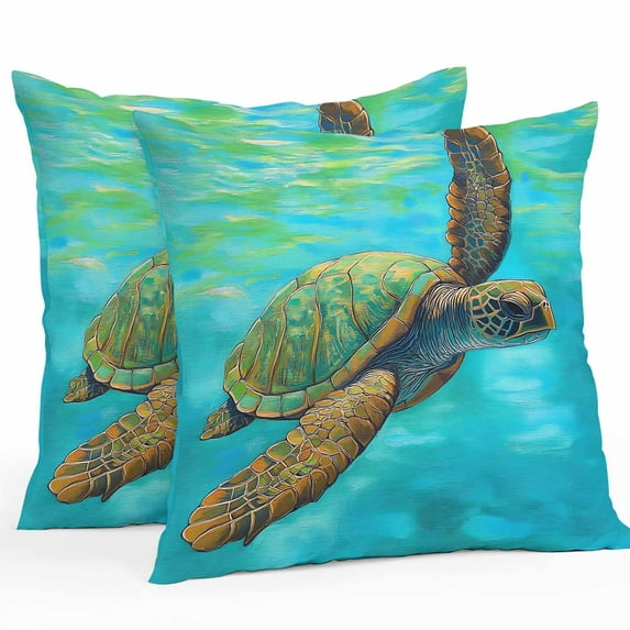 Abstract Turtle Outdoor Pillow Covers Pack of 2 Watercolor Teal Decoration Waterproof Throw Pillow Covers Decorative Cushion Cases for Patio Garden Tent Balcony Couch 16x16 inch
