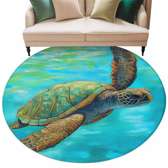 Abstract Turtle Round Area Rug 5ft Watercolor Teal Decoration Non-Slip Washable Circle Rugs Soft Felt Indoor Floor Mat for Bedroom Kitchen Living Room Bathroom