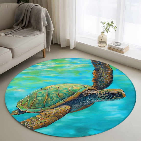 Abstract Turtle Round Rugs for Living Room 4ft Watercolor Teal Decoration Non Slip Circle Rug Washable Low-Profile Indoor Carpet for Bedroom, Dining Room, Bathroom