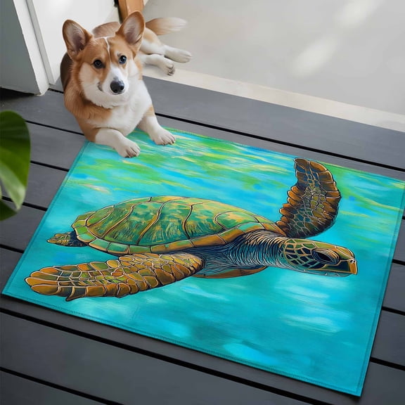 Abstract Turtle Washable Area Rug 2x3 Watercolor Teal Decoration Low-Profile Area Rugs with Non Slip Backing Indoor Floor Carpet for Entrance Living Room Bedroom Home Office
