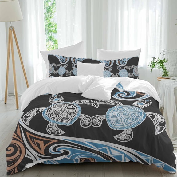 Abstract Turtles Queen Size Comforter Set, Tribal Turtles Animals Blue Boho Floral Texture Bedding for All Seasons, 4 Pcs Bed Set, 1Quiltcover (90"x92") ,1Sheet(94"x116"), 2Pillowcases (30"x20")