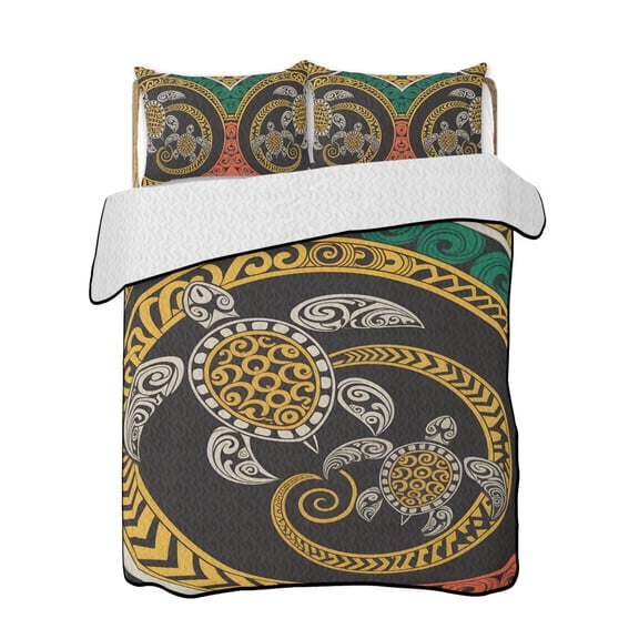 Abstract Turtles Quilts Bedding Set King Size Hawaii Turtles Animals Red Yellow Boho Floral Texture Lightweight Quilted Bedspread 3 Piece Bed Quilt with 2 Pillow Shams for Bedroom 90" x 96"