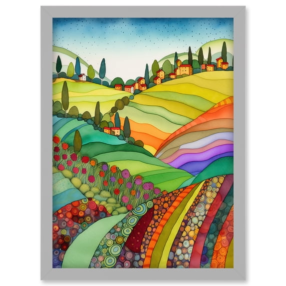 Abstract Tuscany Hills Landscape Folk Art Artwork Framed Wall Art Print A4