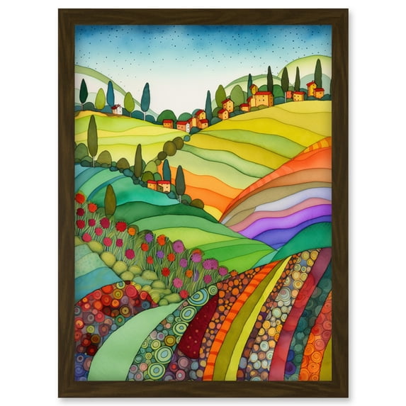 Abstract Tuscany Hills Landscape Folk Art Artwork Framed Wall Art Print A4