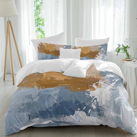 Abstract Twin Size Comforter Set, Retro Brown Blue Graffiti Mottled Painting Texture Bedding for All Seasons, 4 Pcs Bed Set, 1 Quiltcover (68"x86") ,1Sheet(67"x116"), 2Pillowcases (30"x20")