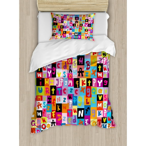 Abstract Twin Size Duvet Cover Set, Colored Alphabet Letters Pattern Education School Puzzle Children Graphic Print, Decorative 2 Piece Bedding Set with 1 Pillow Sham, Multicolor, by Ambesonne