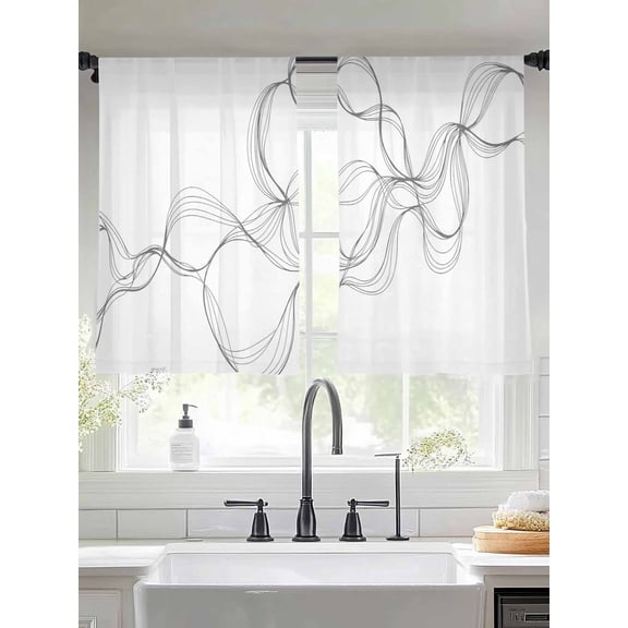 Abstract Twisted LineStripe Sheer Curtains 54 Inches Long 2 Panels Wave Black Line Stripe Light Filtering Semi Sheer Window Curtains Drapes for Bedroom Living Room 52"x54"