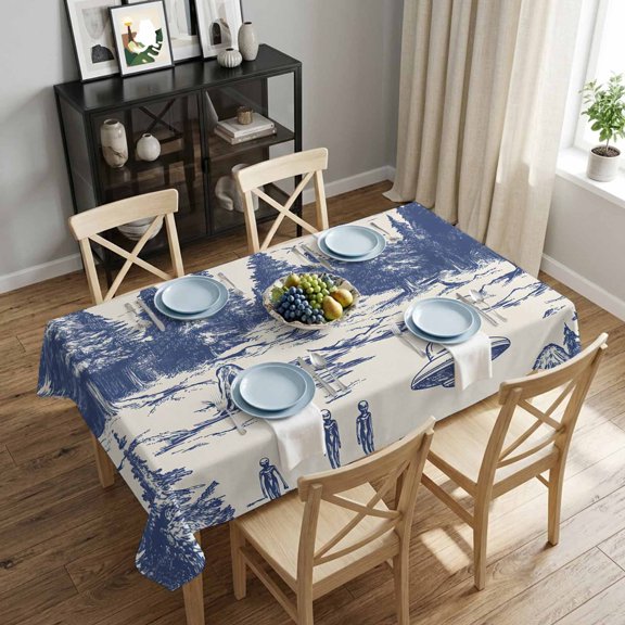 Abstract UFO Forest Rectangle Tablecloth 52x70 Inch Blue Painting Waterproof Polyester Tablecloth for Dining Table, Washable Table Cover for Kitchen Dining Room Wedding Decoration,Stain Resistant