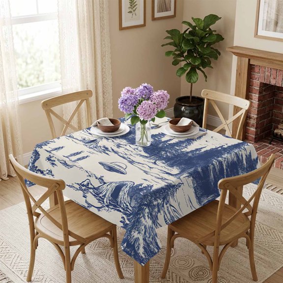 Abstract UFO Forest Square Tablecloth 54x54 Inch Blue Painting Waterproof Polyester Tablecloth for Dining Table, Washable Table Cover for Kitchen Dining Room Wedding Decoration,Stain Resistant