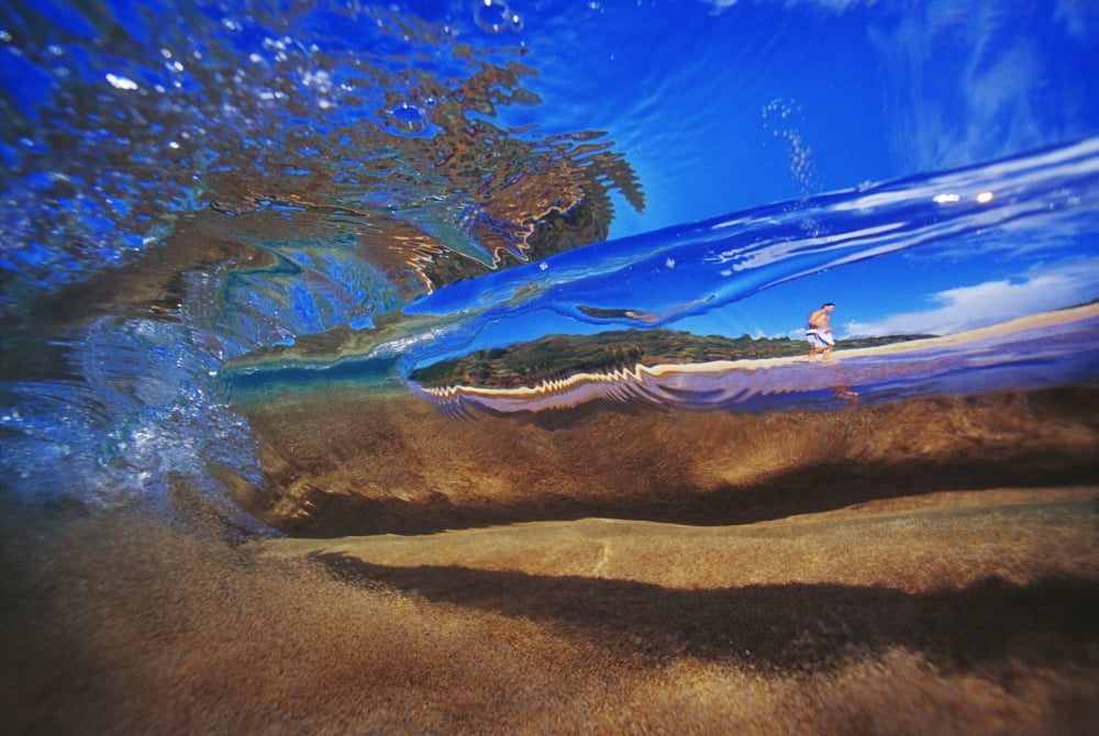 Abstract Underwater View Of Waves And Surf Man Walking On Beach Canvas Art - Vince Cavataio Design Pics (40 x 26)