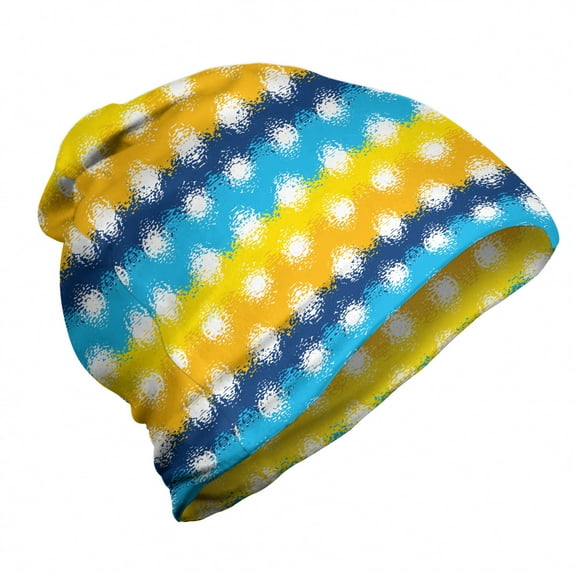 Abstract Unisex Beanie, Blots with a Colorful Back, Hiking Outdoors, Blue Yellow Night Blue, by Ambesonne