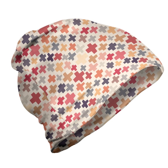 Abstract Unisex Beanie, Plus Symbol Motifs Graphic, Hiking Outdoors, Eggshell and Multicolor, by Ambesonne