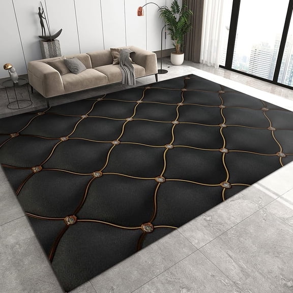 Abstract Upholstery Art Apartment Carpet, Golden Jewelry Curved Lines Black Living Room Carpet, Carpet Mat Soft Feel Easy to Clean Apply to Entrance Door Foyer Bathroom 4x6ft