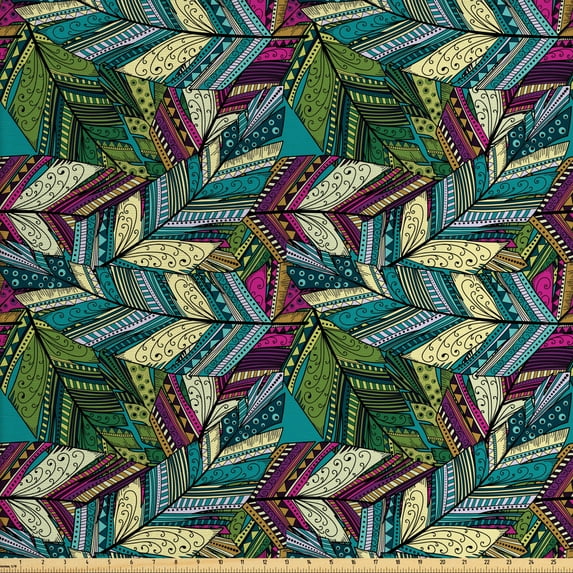Abstract Upholstery Fabric by the Yard, Exotic Feather Pattern Colorful Design Motifs Dots and Swirls Quills, Decorative Fabric for DIY and Home Accents, Teal Purple Cream by Ambesonne