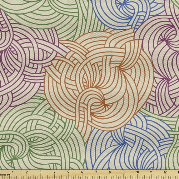 Abstract Upholstery Fabric by the Yard, Hand Drawn Composition of Curved Stripes Wavy Vintage Inspired Doodle Illustration, Decorative Fabric for DIY and Home Accents, Multicolor by Ambesonne