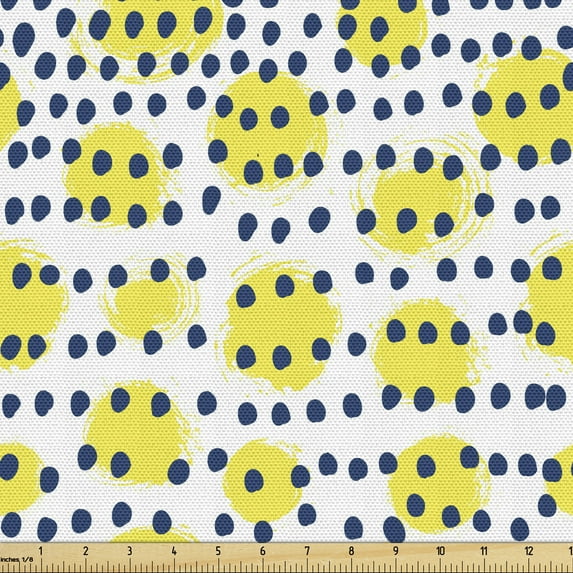 Abstract Upholstery Fabric by the Yard, Paintbrush Style Circles and Oval Color Blots Artist Polka Dots Pattern, Decorative Fabric for DIY and Home Accents, Yellow and Night Blue by Ambesonne