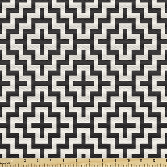 Ambesonne Abstract Fabric by the Yard Upholstery, Azulejo Mosaic Composition, 10 Yards, Black Off White