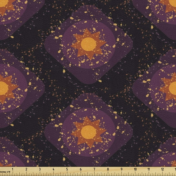 Abstract Upholstery Fabric by the Yard, Quirky Design Grunge Style Round Squares with Sun Motifs and Spots, Decorative Fabric for DIY and Home Accents, Charcoal Grey and Marigold by Ambesonne
