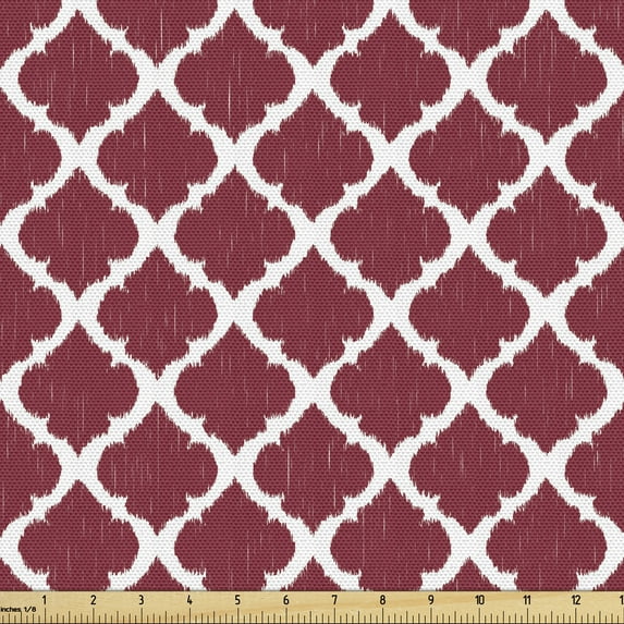 Ambesonne Abstract Fabric by the Yard Upholstery, Ikat Inspired Ornaments, 10 Yards, Pale Maroon and White