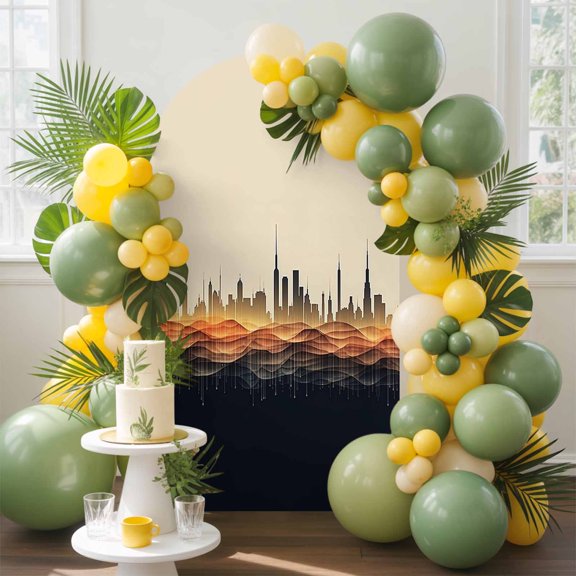 Abstract Urban Building Silhouette Arch Backdrop Cover Stretchy Spandex Arch Cover 6ft, Geometric Stripe Wavy Line Round Top Chiara Stand Covers for Wedding Birthday Party Ceremony Banquet