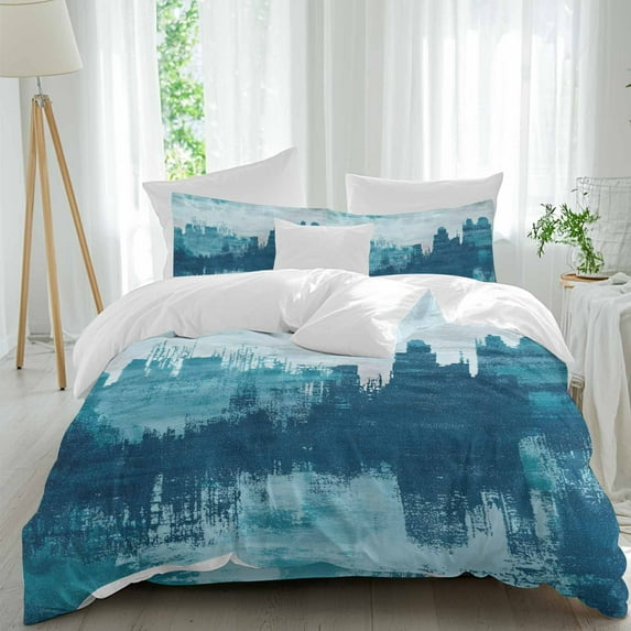 Abstract Urban Silhouette 4 Piece Duvet Cover Set California King Size Modern Blue Building Soft Bedding Set Comforter Cover, 1 Duvet Cover 1 Flat Sheets and 2 Pillowcases