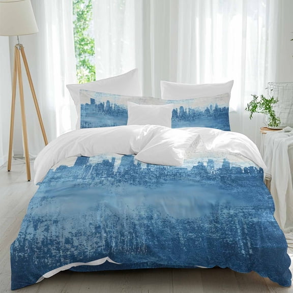 Abstract Urban Silhouette 4 Piece Duvet Cover Set Twin Size Retro Gary Blue Building Soft Bedding Set Comforter Cover, 1 Duvet Cover 1 Flat Sheets and 2 Pillowcases