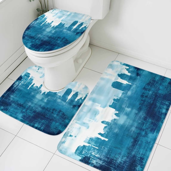 Abstract Urban Silhouette Bathroom Rugs Set Blue Watercolor Building Non Slip Absorbent Soft Bath Mats 3 Piece Set with Bathroom Rug, U-Shaped Floor Mat, Toilet Seat Cover Large Size