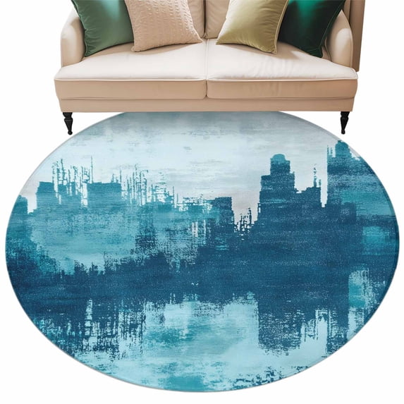 Abstract Urban Silhouette Round Area Rug 8ft Modern Blue Building Non ...