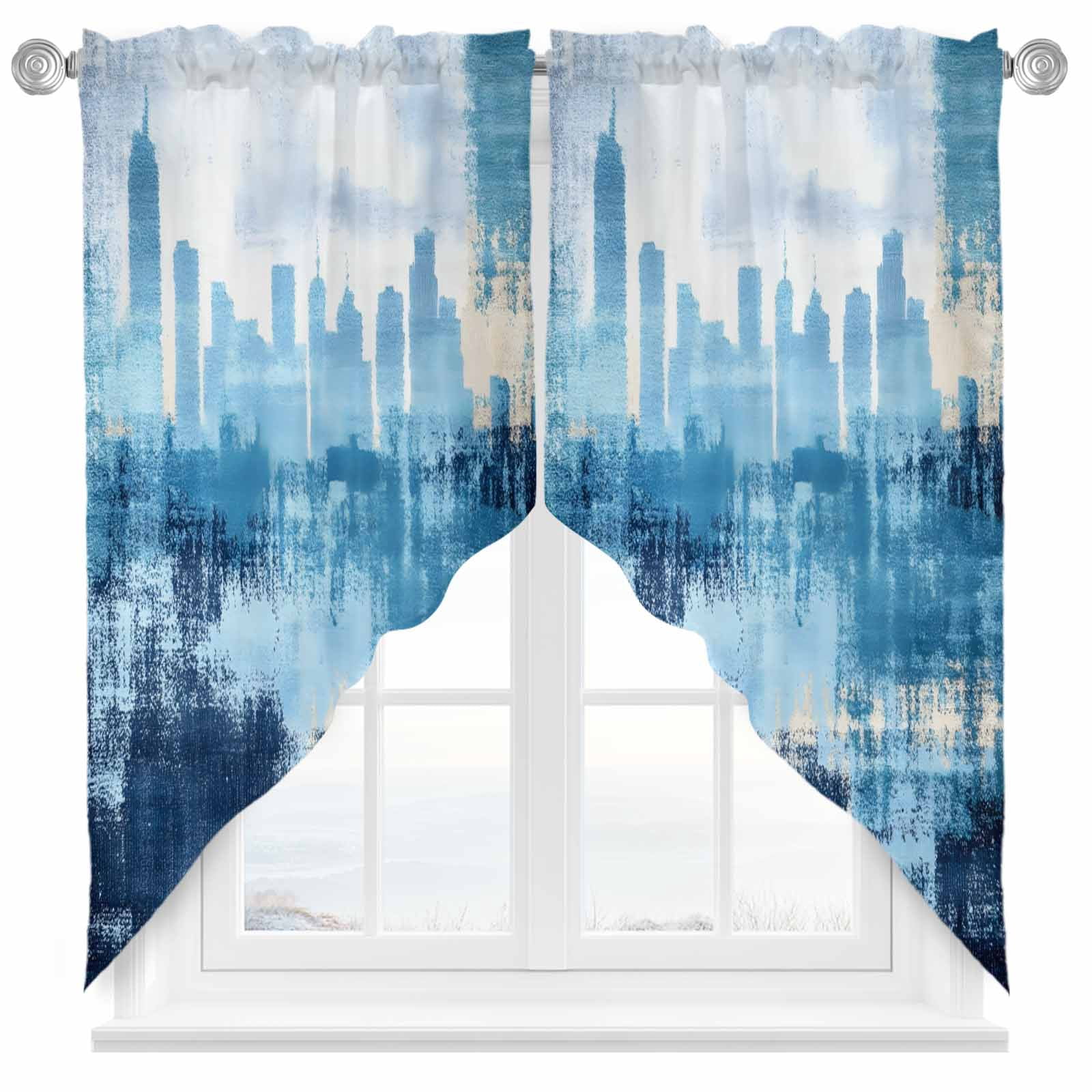 Image showcasing Abstract Urban Silhouette Swag Curtain Valance for Windows, Retro Blue ...