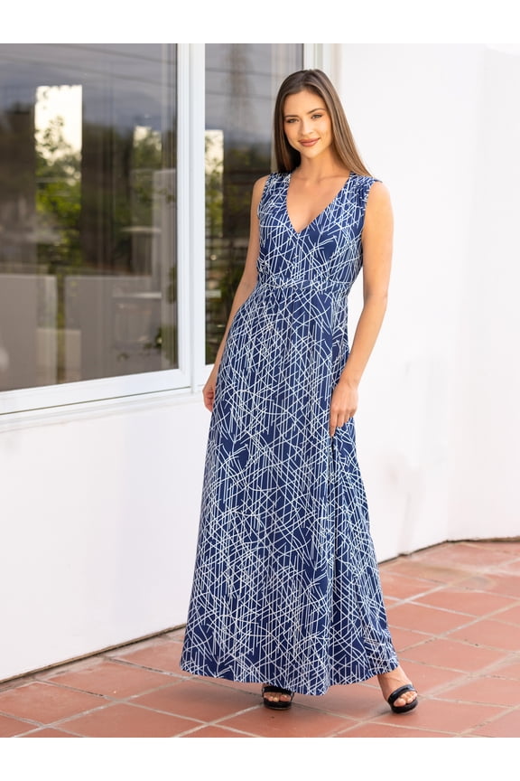 Abstract V Neck Belted Maxi Dress