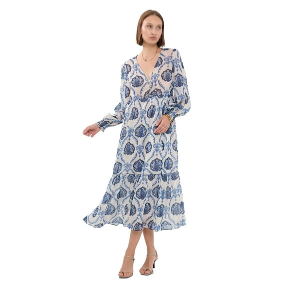 Abstract V Neck Buttoned Tiered Maxi Dress