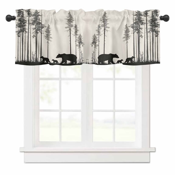 Abstract Valances for Windows Forest Walking Bear Family Pine Tree Silhouette Rod Pocket Curtain Valance Window Treatment Short Curtains for Kitchen Living Room, 42"x12"