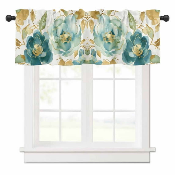 Abstract Valances for Windows Green Peony Pattern Petals Leaves Gold Lines Retro Rod Pocket Curtain Valance Window Treatment Short Curtains for Kitchen Living Room, 60"x18"
