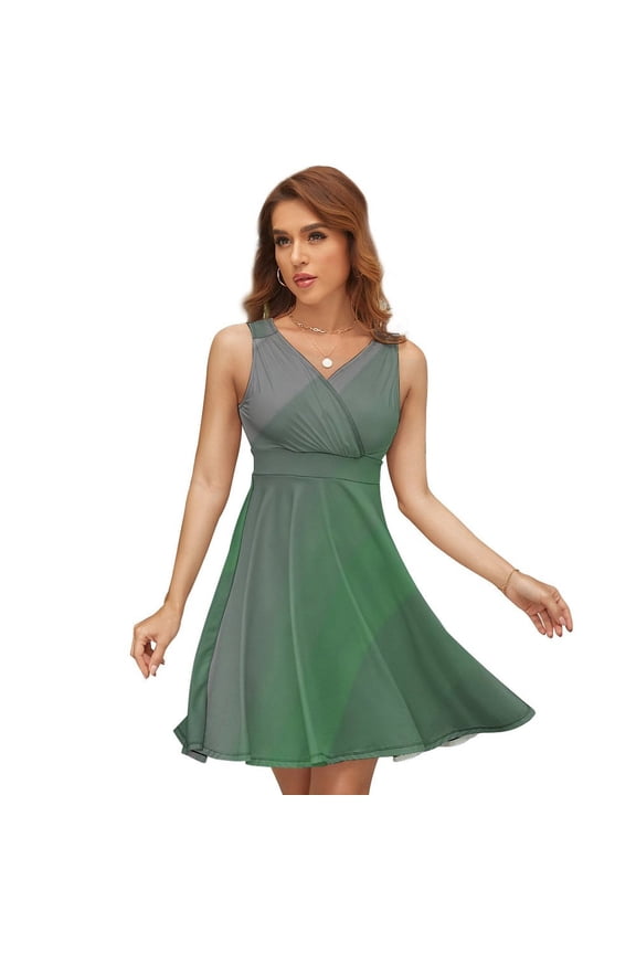 Abstract Vector Green Grey Vertical Stripes Women's Tank Dress V Neck Sleeveless Summer Sundress