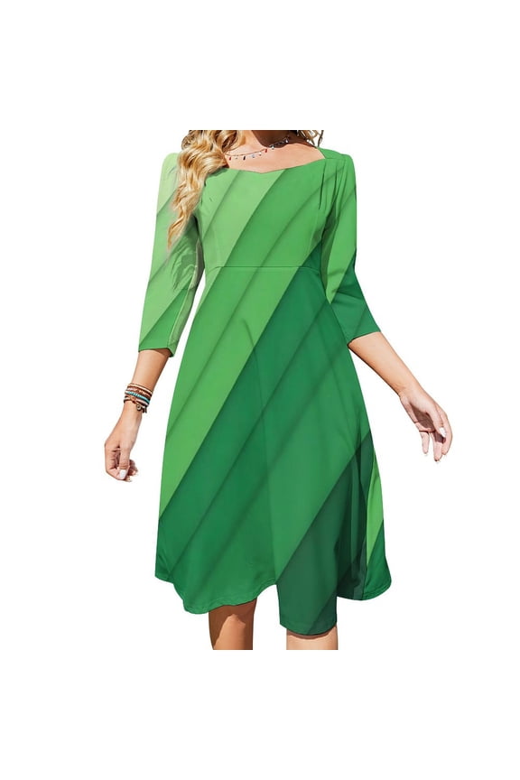 Abstract Vector Green Vertical Stripes Women's 3/4 Sleeve Dresses Elegant A-Line Midi Dress Flare Summer Casual Sundress