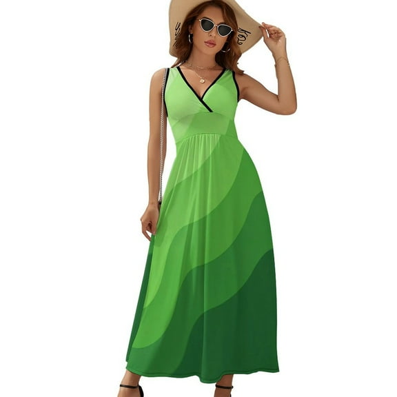 Abstract Vector Green Wave Dress Summer Street Style Bohemia Long Dresses Female Sleeveless Printed Maxi Dress