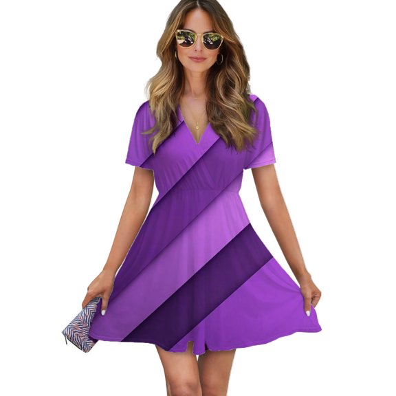 Abstract Vector Purple Vertical Stripes Women Dress V-Neck Short Sleeve Flowy Swing Party Midi Dress