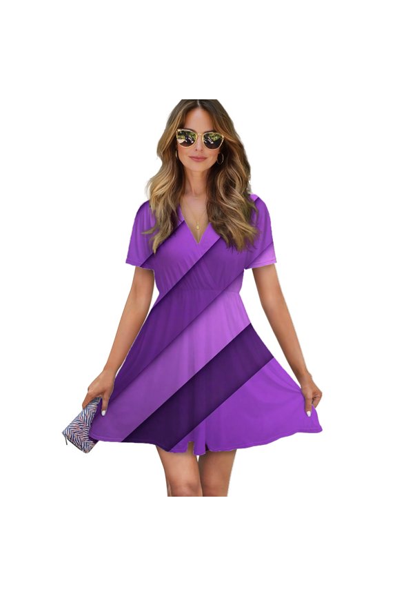 Abstract Vector Purple Vertical Stripes Women Dress V-Neck Short Sleeve Flowy Swing Party Midi Dress