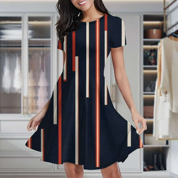 Abstract Vertical Striped Fabric Women's Classic Swing Skater Dress Casual Work Party Cocktail Dresses