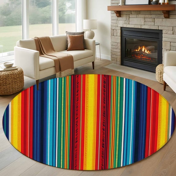 Abstract Vertical Striped Large Round Rug 8 FT, Non Slip Living Room Area Carpet, Colorful Rainbow Stripes Retro Washable Soft Circle Rug Non-Shedding Floor Carpet for Bedroom Office Dining Room