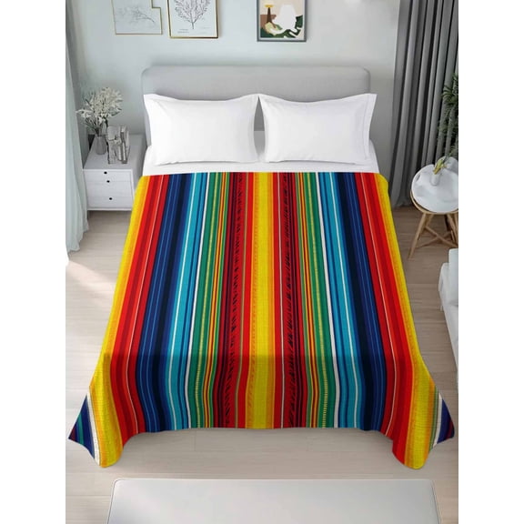 Abstract Vertical Striped Queen Size Flat Sheet, Wrinkleproof & Fadeproof Cooling Flat Bed Sheet Only, Colorful Rainbow Stripes Retro Breathable Soft Bedding Top Sheets 90 x 102 Inches