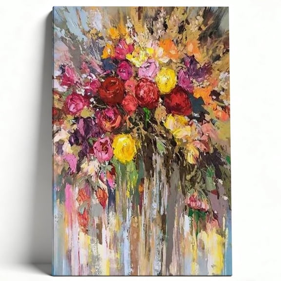 Abstract Vibrant Floral Oil Painting Canvas Wall Art, Colorful Bouquet Still Life Decor, Framed Modern Impressionist Flower Print for Living Room & Master Bedroom 8*12inch(20*30cm)